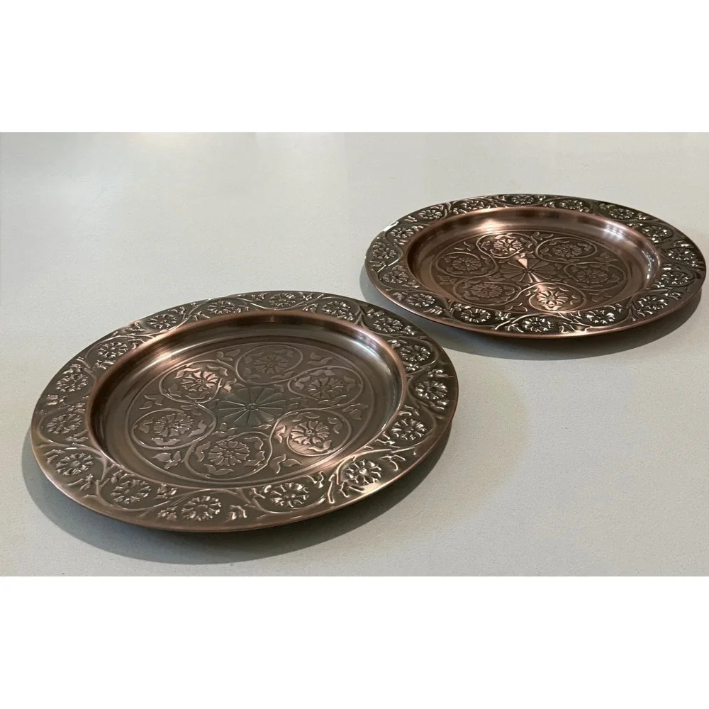 Vintage Aramco Imports Inc Copper Embossed Floral Metal Trays set of 2 11.5